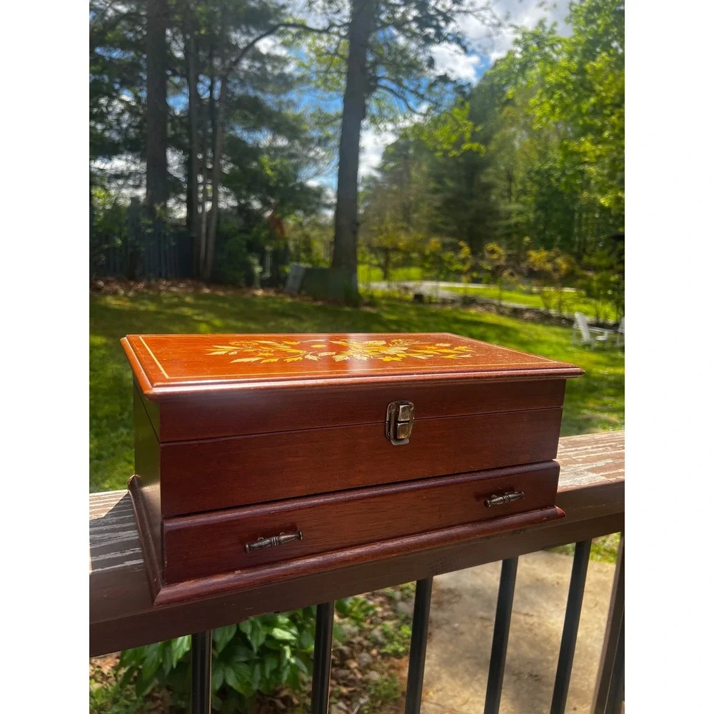 Vtg 70s Floral Wood Jewelry Box‎ Retro Cottagecore Mirror Drawer